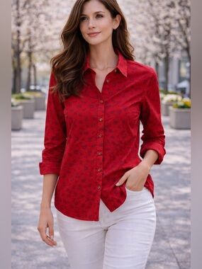 🔥No Iron Chic Stretch — Chico’s Heart Leopard Button-Up | Sz 1 (US 8)